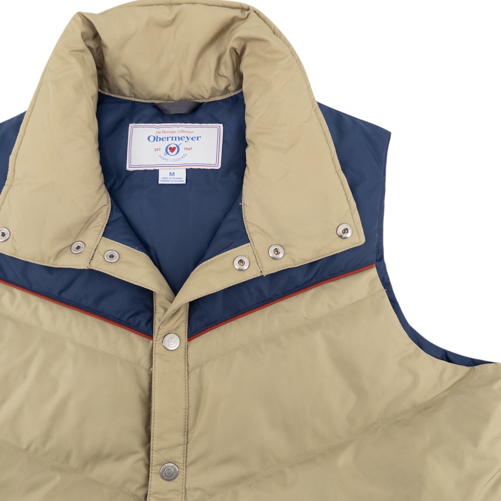 Obermeyer Men's Medium Carson Down Vest Tan Blue Snap 550‎ Fill Duck Down Aspen